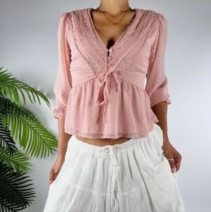 🌿🍒 Japna Pink Swiss Dot Long Sleeve Romantic Blouse Top size Small 🍒🌿